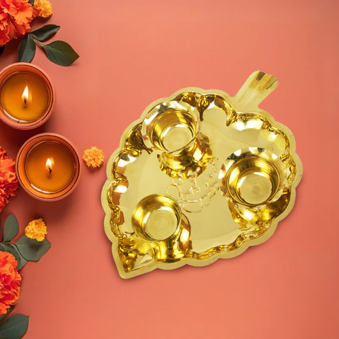 Brass 3 Bowl Leaf Thali-Big